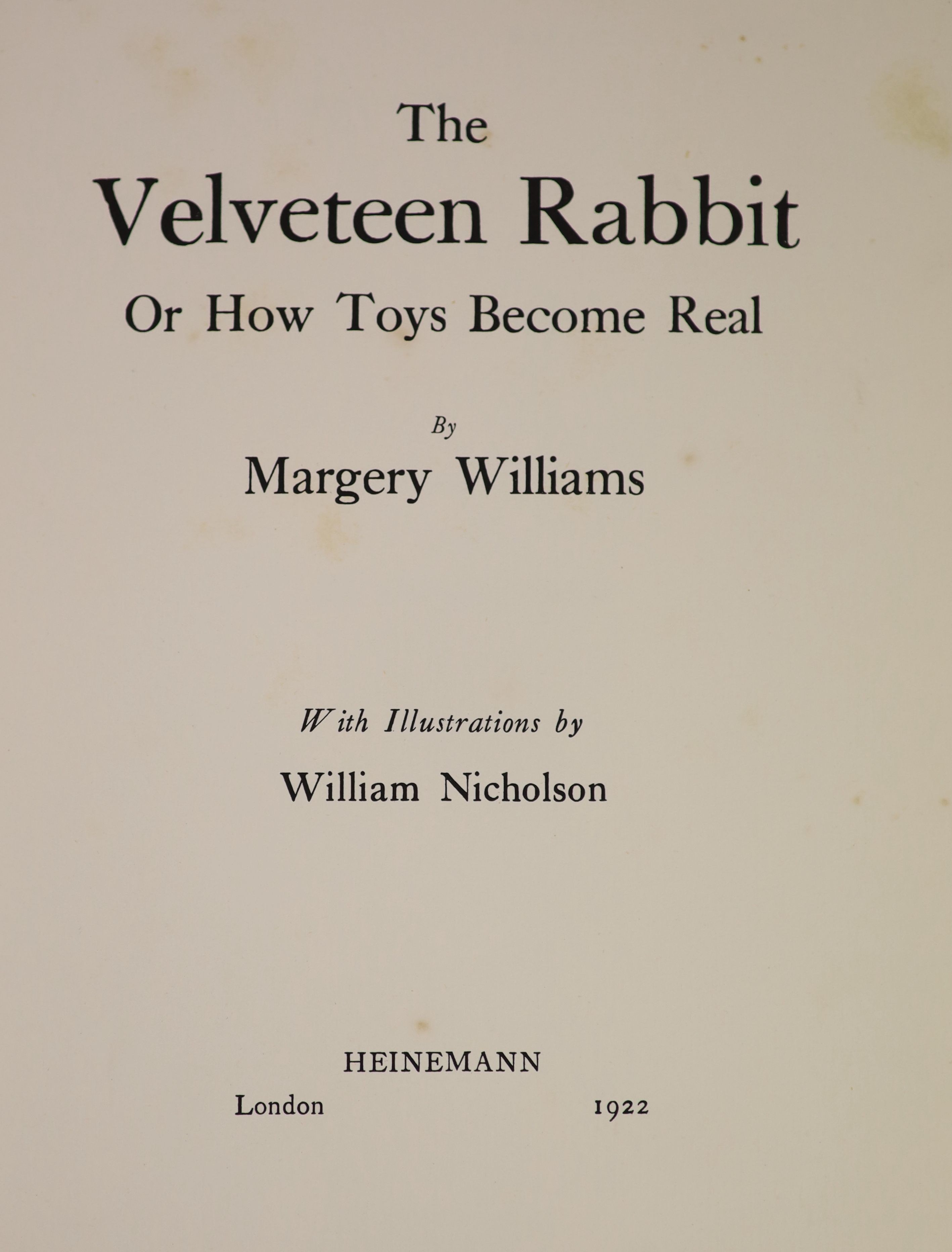Bianco, Margery Williams - The Velveteen Rabbit or How Toys Become Real, 1st edition, illustrated by William Nicholson, original pictorial boards, with d/j, with 7 colour plates, Heinemann, London, 1922